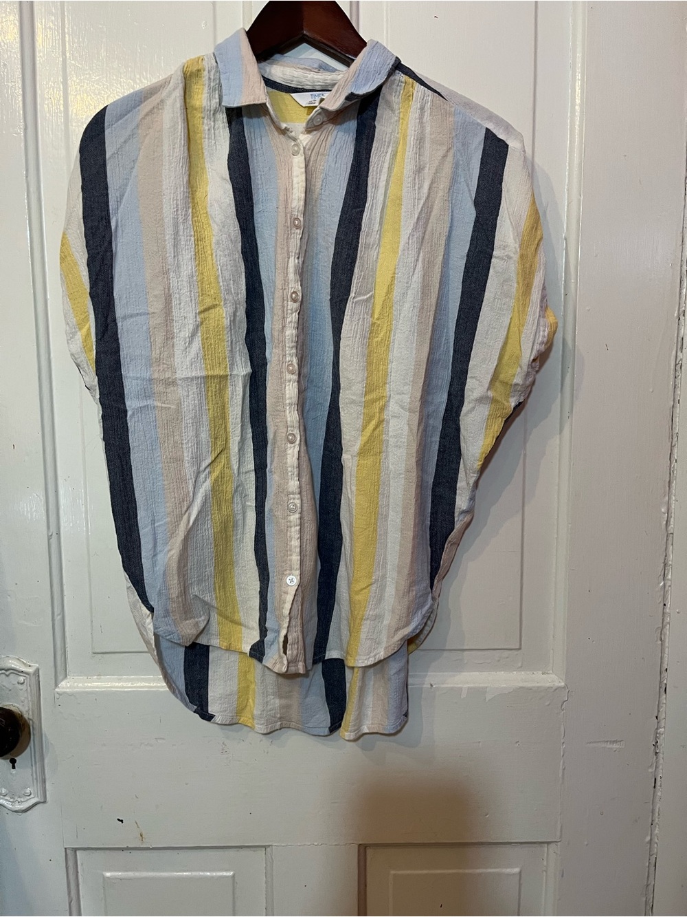 Time and Tru Striped Button-Front Blouse in Yellow, Blue, White